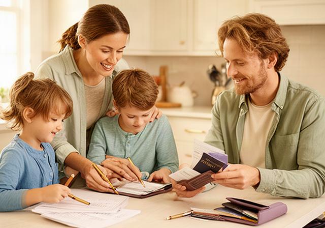 Gezin met kinderen en solo reiziger die reisdocumenten controleren aan een lichte keukentafel